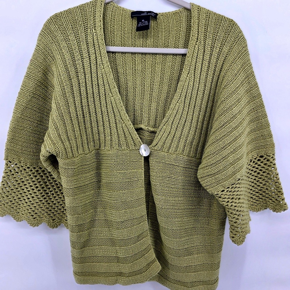 Womens XL Green Cotton Knit Open Front Cardigan‎ Sweater Fairy Cottage Goblin